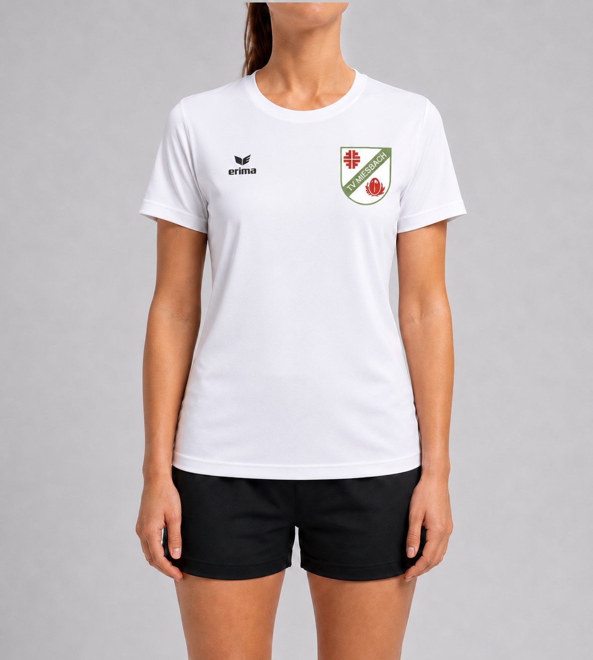 Erima Baumwoll Shirt mit TV Miesbach Logo für Damen von vorne in weiss