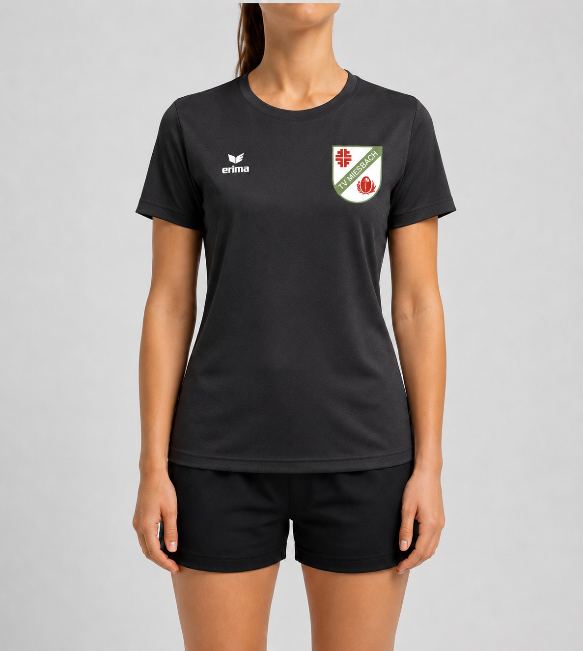 Erima Baumwoll Shirt mit TV Miesbach Logo für Damen von vorne in schwarz
